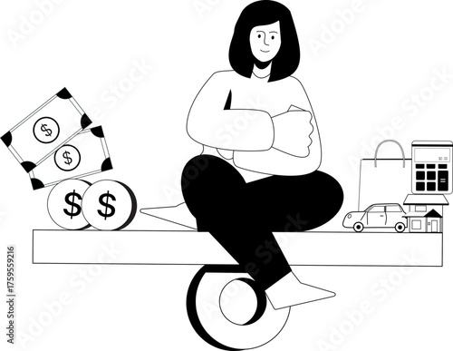 A woman balancing income and expenses on a scale