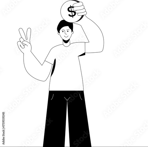 A boy holding a golden coin above his head