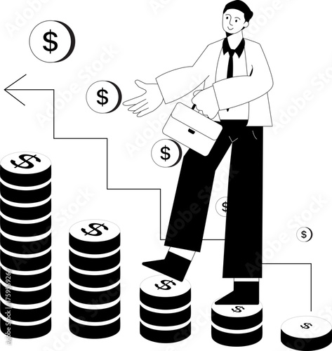 A businessperson climbing a staircase made of golden coins