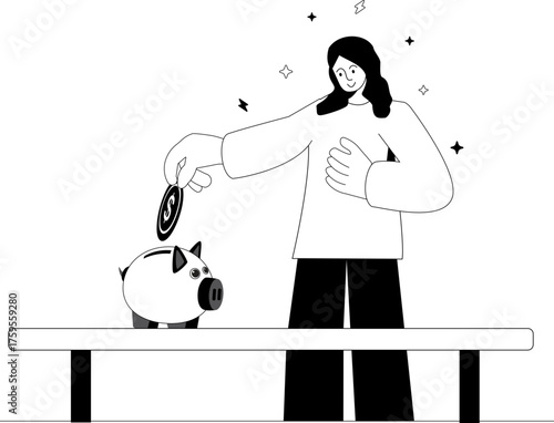 A girl saving money into a pink piggy bank