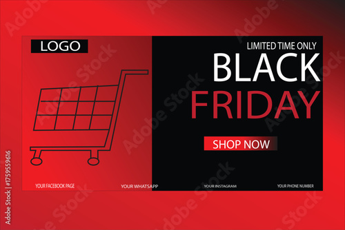 Stylish red and black shopping cart banner for Black Friday limited time offer — perfect for ecommerce websites and social media promotions.
