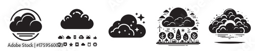 Black and White Weather Cloud Icons Set – Minimalist Sun, Rain, and Cloud Vector Symbols for Forecast, Meteorology, App Design, and Climate Illustration