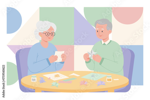 Retired couple crafting paper stars enjoying a creative peaceful hobby