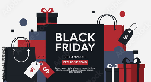 Black Friday sales banner Shopping bags gifts and 50 off exclusive deal graphic