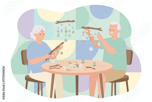 Elderly couple crafting seashell wind chimes Focus creativity hobby leisure retirement lifestyle