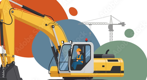 Worker operates yellow excavator at a construction site with crane Building industry development concept