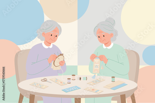 Senior women enjoying hobbies together embroidery and crafting promoting relaxation and friendship