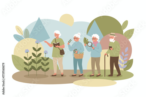 Active seniors enjoying a nature walk exploring plants and learning outdoors Healthy lifestyle concept