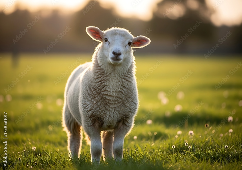Obraz premium A fluffy white lamb stands in a sunlit green pasture during golden hour, looking directly at the viewer.