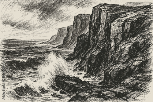 Illustration crashing rough landscape drama bold charcoal waves defining vector cliffside strokes