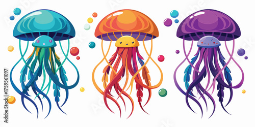 Vector art of three cute and colorful jellyfish with long tentacles in cartoon style, perfect for kids book design
