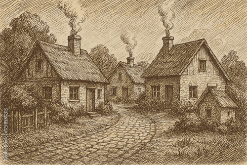 Rising chimneys smoke scene illustration village cottages vector rustic street