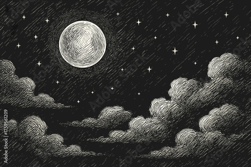 Sky scattered crosshatching night strokes clouds vector moonlit stars sketch textured shaded