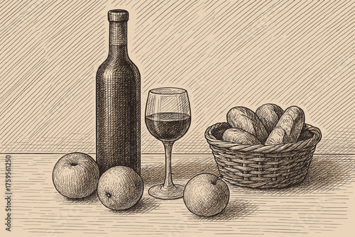 Life fruit layered crosshatching still shaded basket vector bread illustration hatched glass