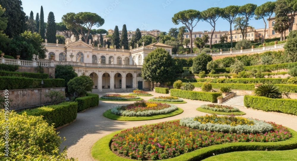 Obraz premium A sun-drenched garden, featuring manicured hedges, colorful flowerbeds, and a classical-style building