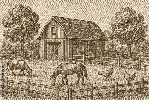 Barn vector grazing sketch hatching fences illustration dense animals rustic farmyard trees