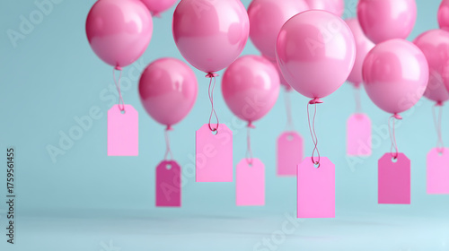 Pink balloon price tag floating pastel blue background cheerful sale retail marketing concept celebration light airy minimal creative design advertising event promotion shopping festive decoration