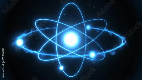 Illuminated atomic structure, showing nucleus and orbiting electrons, with glowing lines and a dark background