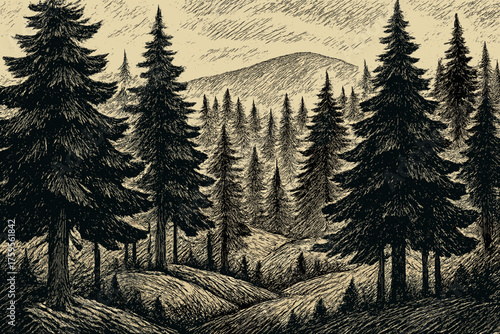 Inkstroke rolling trunks trees foliage dense forest illustration vector hills drawn