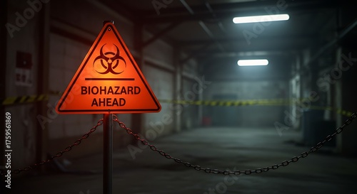 Warning sign biohazard ahead in a dark industrial environment