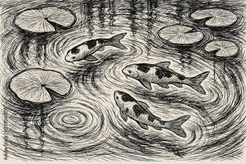Pond forming reflections ink beneath vector koi illustration serenity rippling strokes fish
