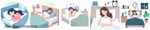 Woman Sleeping at Home Female Relaxing in Bed, Healthy Night Sleep and Rest Concept Illustration room