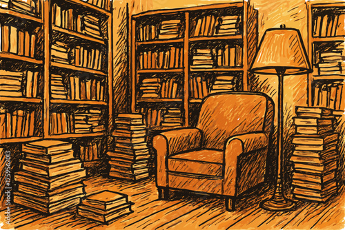 Books interior lamp vector rustic illustration textures bookshop stacks marker sketch shelves