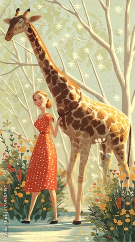 Young girl walking a giraffe 
