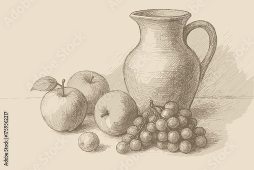 Still life delicate composition illustration sketch pencil table hatching shaded vector