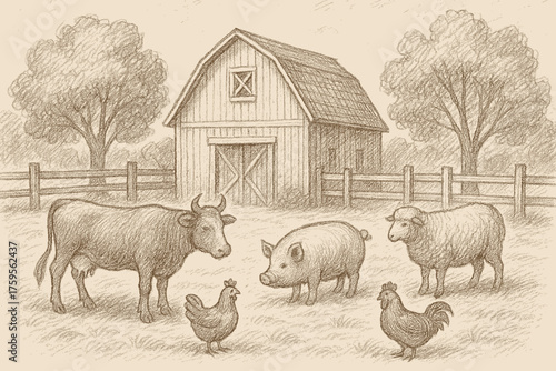 Strokes barn drawn illustration farmyard sketch pencil wooden scene vector trees fence