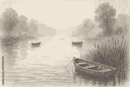 Boats reeds illustration misty river vector reflections water sketch shore pencil shaded