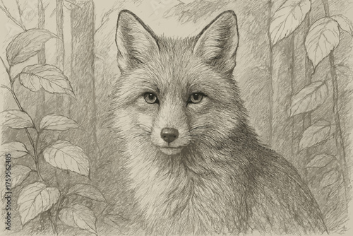 Vector fox pencil sketch lines fur softly leaves shaded illustration detailed