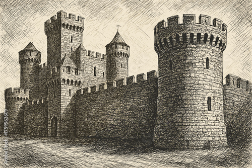 Towers crosshatch dense stone medieval castle sketch illustration textures vector layered shadows
