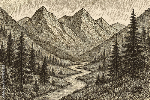 Illustration mountain valley lines pine crosshatched vector peaks trees textured river