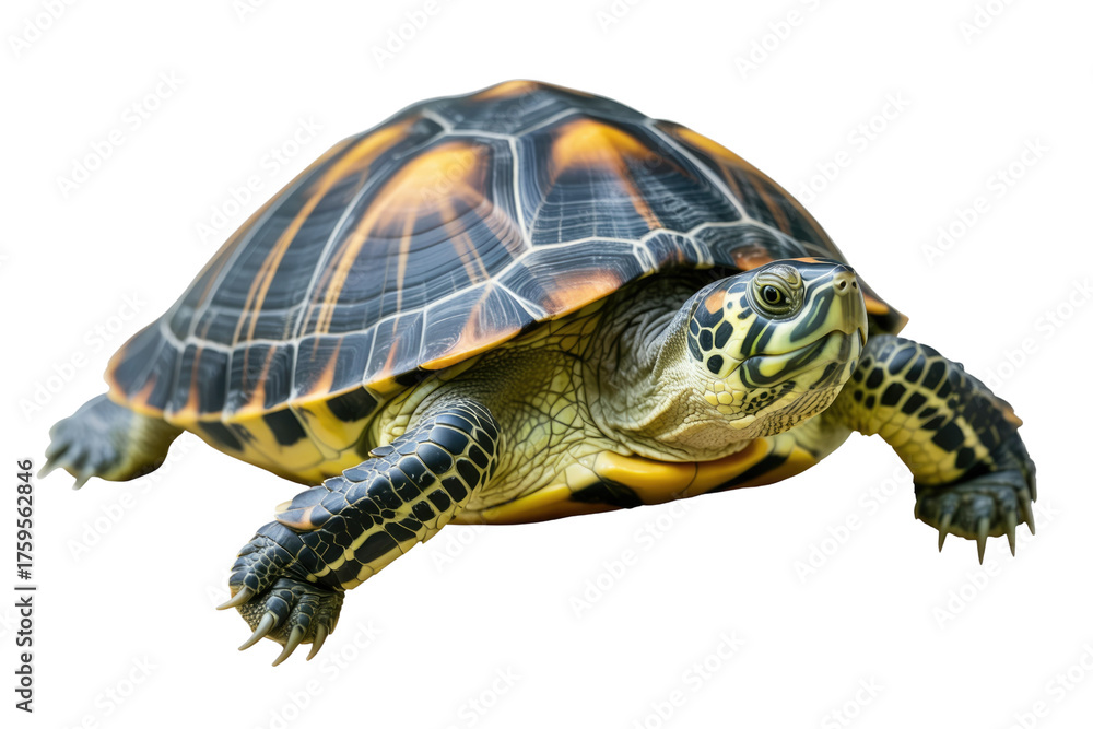 Obraz premium A vibrant, detailed close-up of a turtle with a striking yellow and black shell. background removed