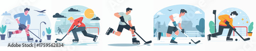 Ice Hockey Action Illustration Players Skating, Shooting & Goal Moments, Dynamic Winter Sports Vector Art