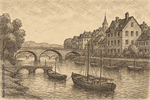 Scene crosshatch lines illustration buildings vector town shaded riverside docked overlapping hatch