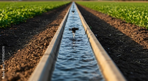 Water channel in cultivated field with water sprinklers on a sunny day