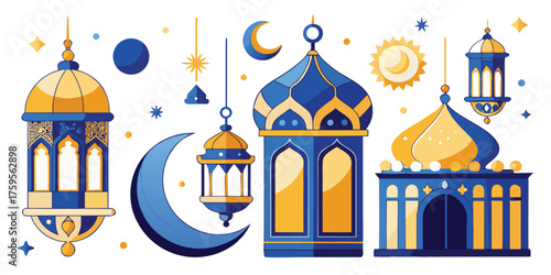 Vector illustration art set of various Arabic and  ramadan lanterns and mosque