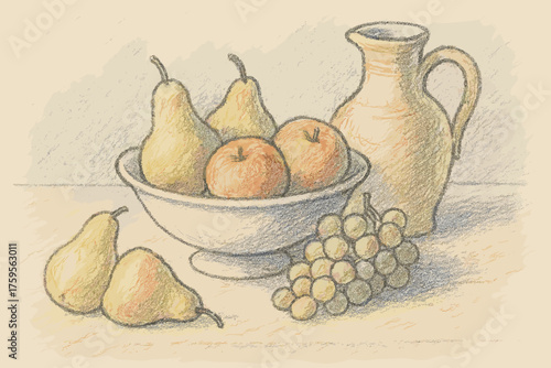 Fruit life illustration grapes pears bowl shaded still apples vector pastel