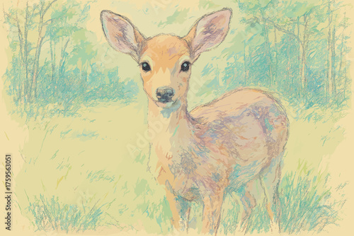 Vector illustration clearing deer forest soft portrait highlighted textures around young pastel
