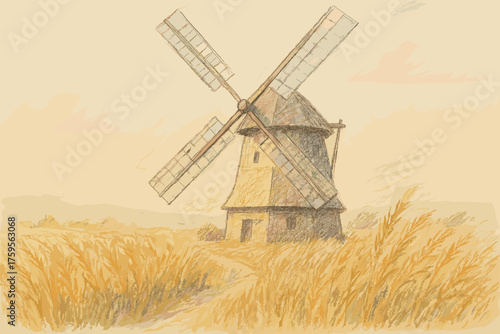Sky scene strokes textured illustration vector pastel hues windmill blades rustic