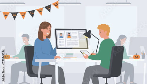 Smiling colleagues collaborate in a festive Halloween office Professional teamwork and seasonal business