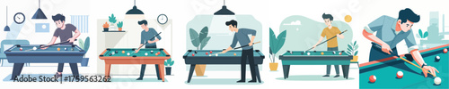 Man Playing Billiards Indoors with Pool Table Cue and Balls | Billiard Player Illustration