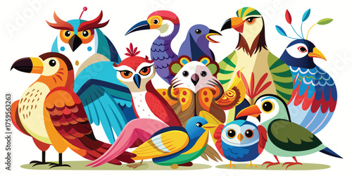 Vector art of group of various colorful birds, vector illustration cartoon style