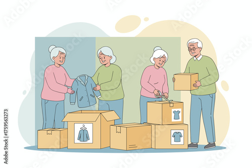 Senior people donating clothes for charity packing boxes Community and social support concept