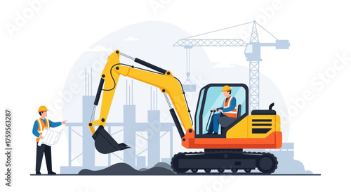 Construction team planning and operating excavator on a busy building site
