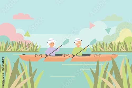 Happy senior couple kayaking on a serene lake enjoying an active healthy retirement lifestyle