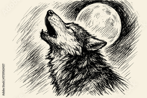 Dramatic illustration strokes silhouette fur drawn howling moon wolf vector shading lines