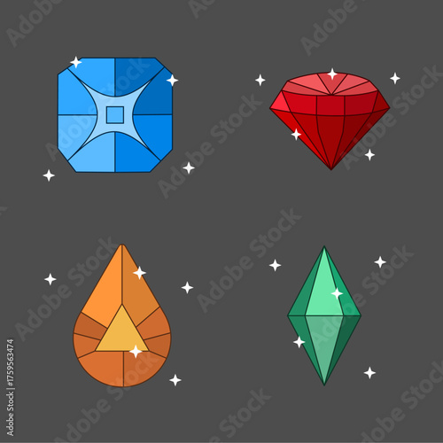 Collection of colorful gemstones with outlines on a black background. Luxury vector flat illustrations of precious stones.